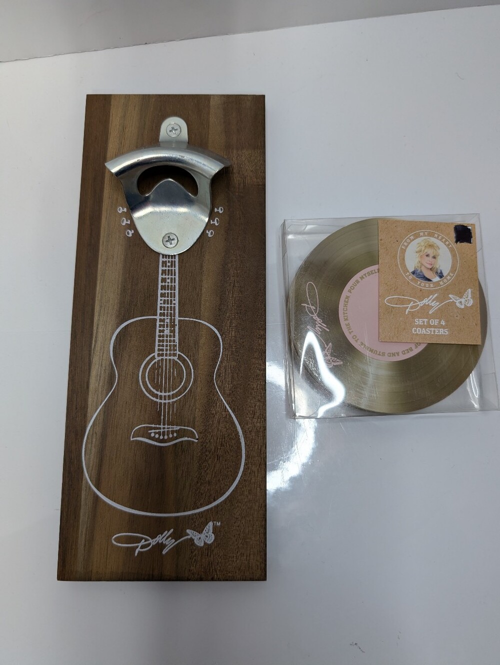 Dolly Parton Wood Bottle Opener with Gold-Tone Coaster Set